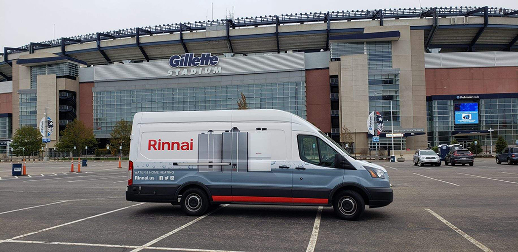 A Try Rinnai Van on tour in front of the Gillette Stadium in Foxborough MA